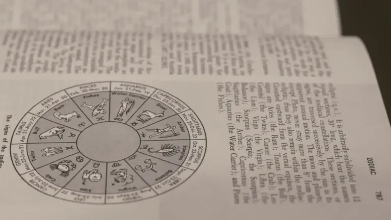 Zodiaka zīmju aplis drukātā grāmatā ar tekstu par astroloģiju latviešu auditorijai.