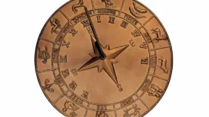 Zelta krāsas saules pulkstenis ar zodiaka zīmju simboliem uz balta fona.