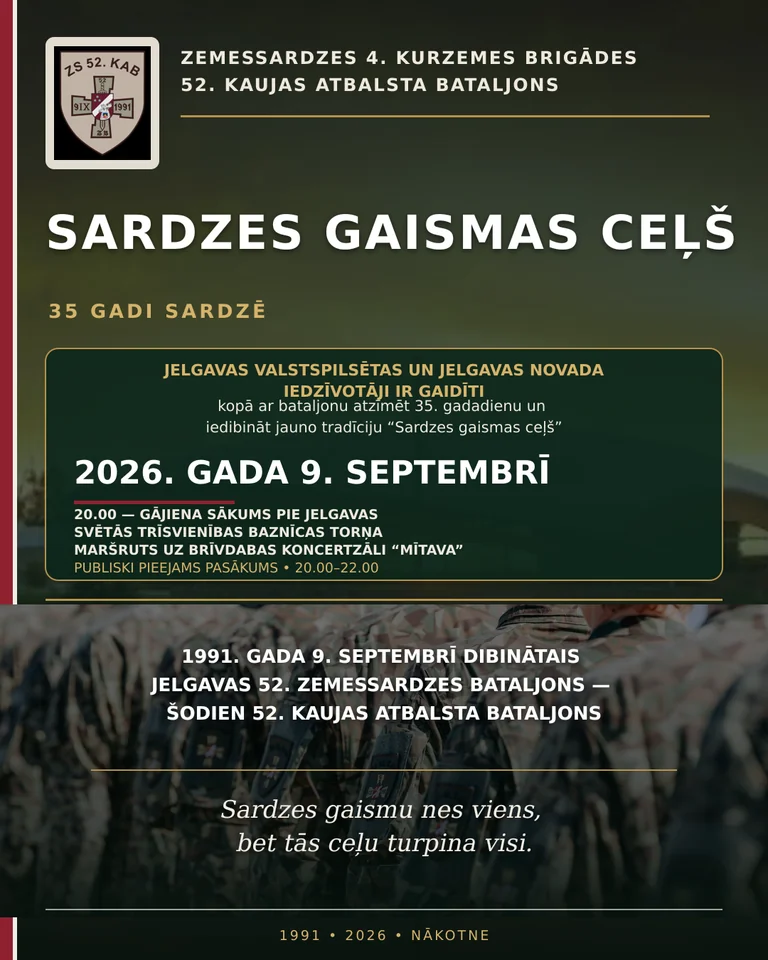 Jelgavā 9. septembrī bez maksas — “Sardzes gaismas ceļš”