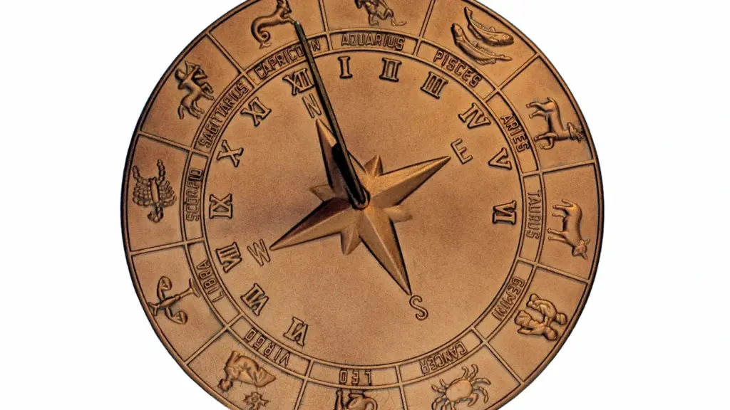 Seno laiku astroloģisks saules pulkstenis ar zodiaka zīmju simboliem uz bronzas virsmas.